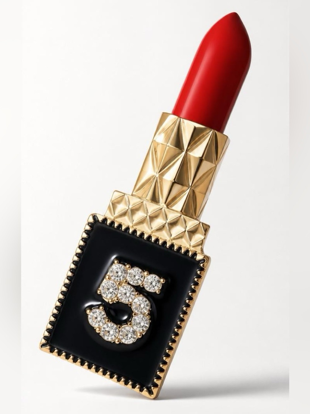Red Lipstick Brooch with Gold & Black Crystal ‘Rhinestones 5' Accent